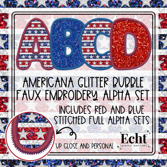 Americana Bubble Glitter Faux Embroidery Alpha Set- Design Element- Digital Download