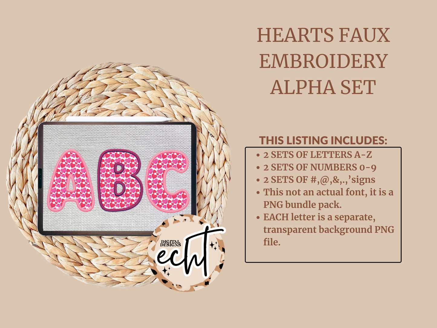 Hearts Faux Embroidery Alpha Set- Design Element- Digital Download