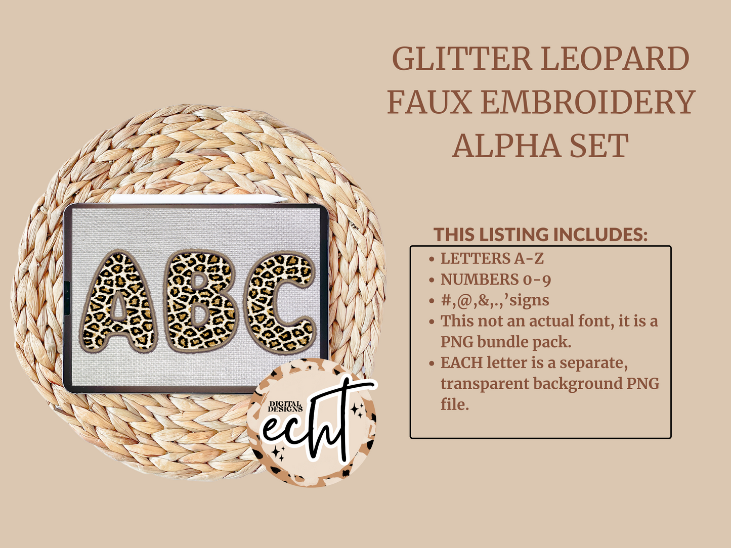 Glitter Leopard Faux Embroidery Alpha Set- Design Element- Digital Download