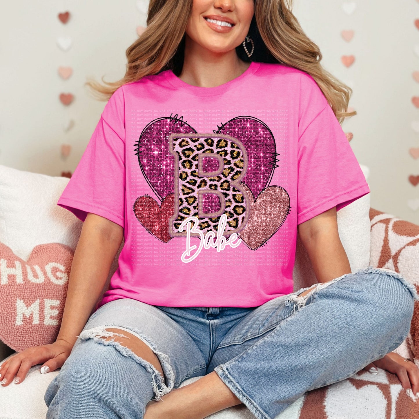 Babe Pink Leopard Valentine Hearts Faux Sequin Faux Embroidery - PNG File- Digital Download