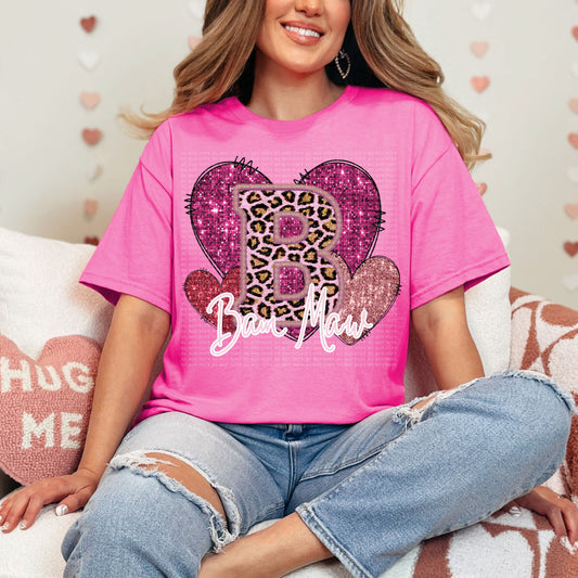 Bam Maw Pink Leopard Valentine Hearts Faux Sequin Faux Embroidery - PNG File- Digital Download