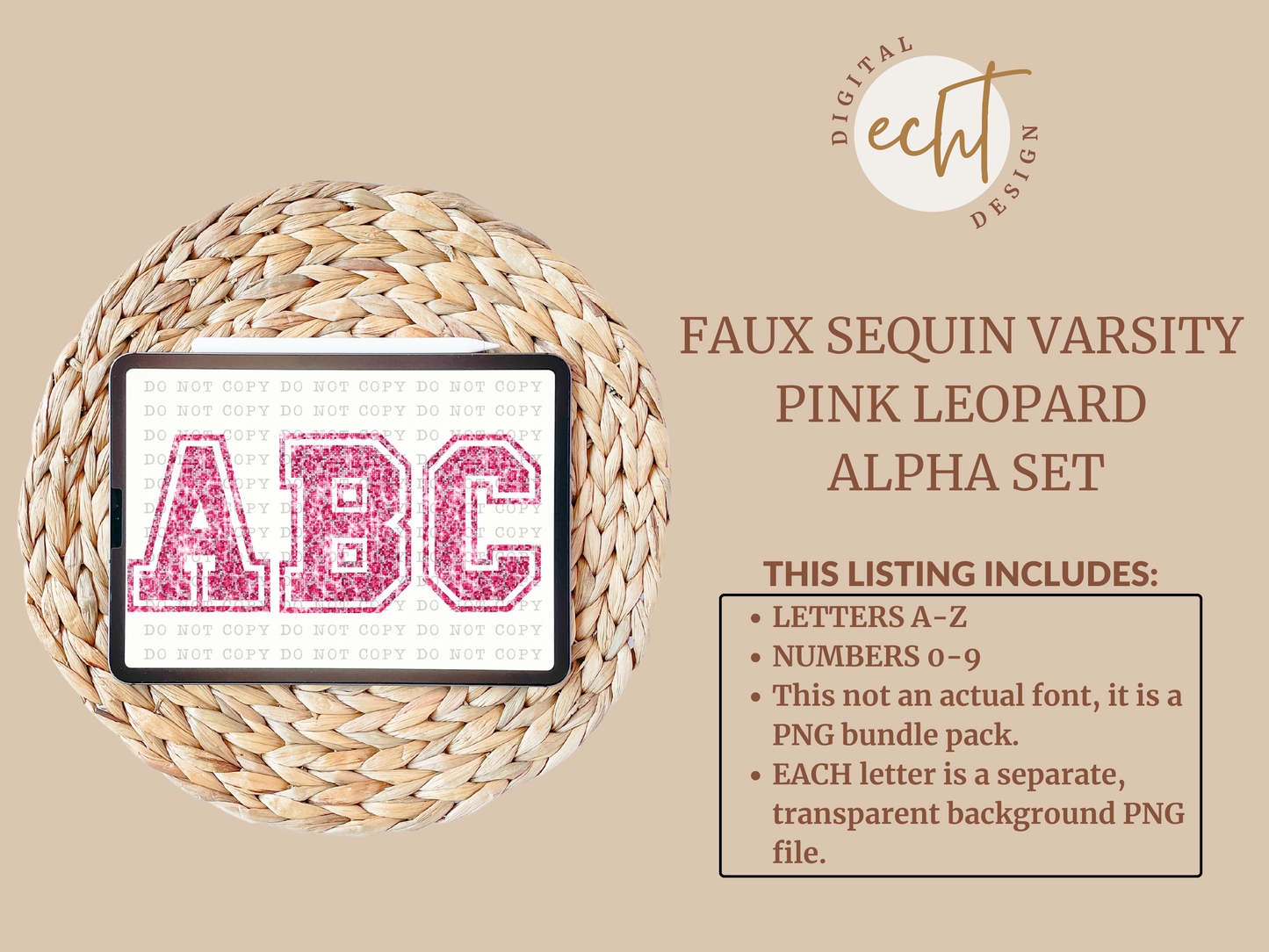 Faux Sequin Varsity Pink Leopard Alpha Set- Design Element- Digital Download