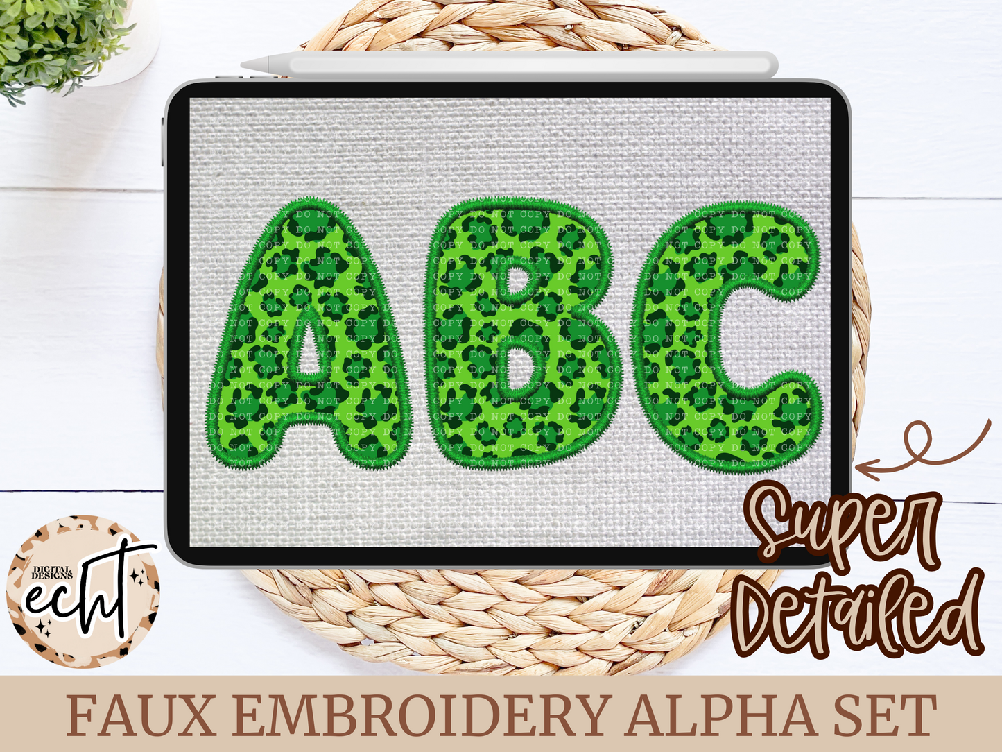 Lucky Green Leopard Faux Embroidery Alpha Set- Design Element- Digital Download