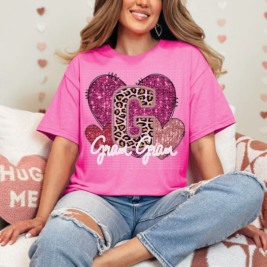 Gram Gram Pink Leopard Valentine Hearts Faux Sequin Faux Embroidery - PNG File- Digital Download
