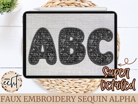 Black Faux Sequin Faux Embroidery Alpha Set- Design Element- Digital Download