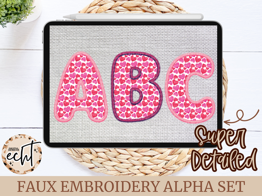 Hearts Faux Embroidery Alpha Set- Design Element- Digital Download