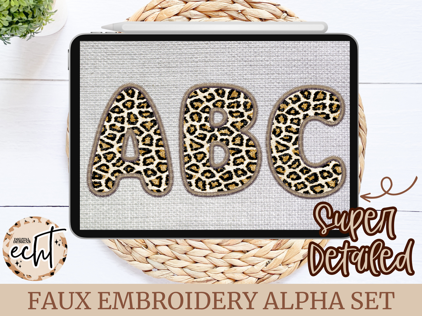 Glitter Leopard Faux Embroidery Alpha Set- Design Element- Digital Download