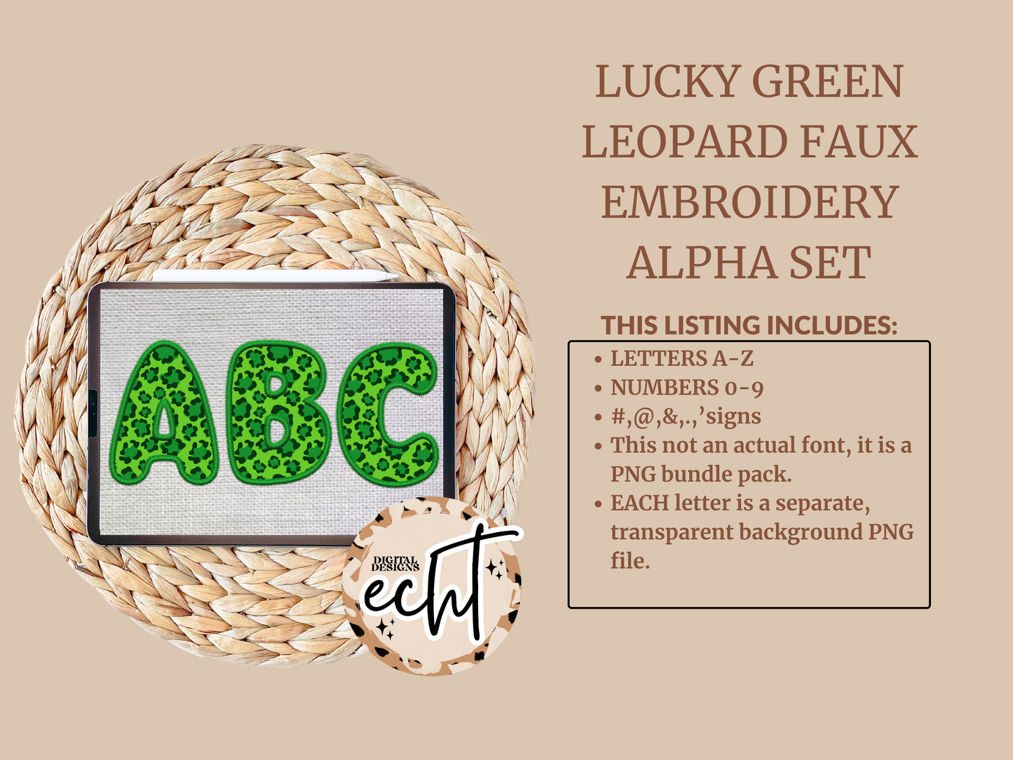 Lucky Green Leopard Faux Embroidery Alpha Set- Design Element- Digital Download