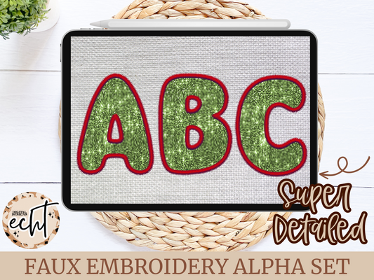 Red/Green Faux Sequin Faux Embroidery Alpha Set- Design Element- Digital Download