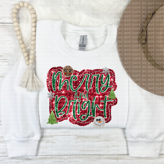 Merry and Bright Faux Sequin Faux Embroidery - PNG File- Digital Download