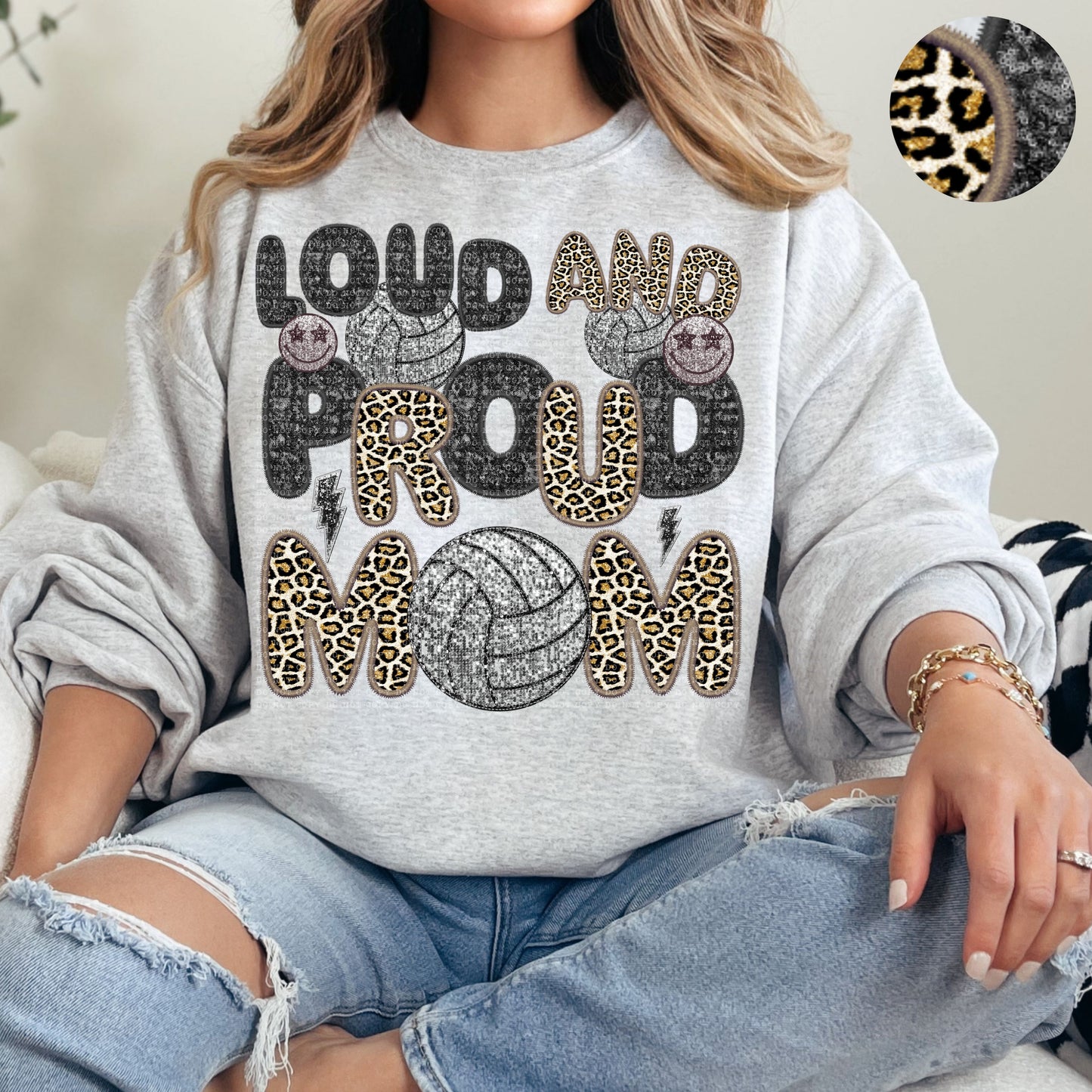 Loud and Proud Volleyball Mom Leopard Faux Sequin Faux Embroidery - PNG File- Digital Download