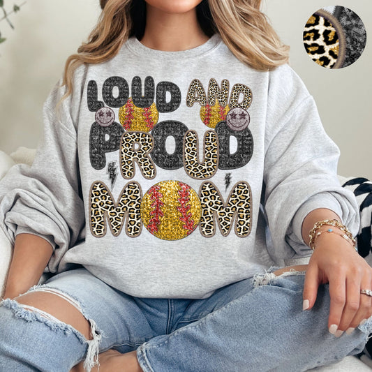 Loud and Proud Softball Mom Leopard Faux Sequin Faux Embroidery - PNG File- Digital Download