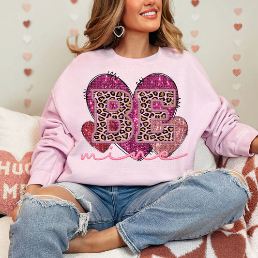 Pink Leopard Be Mine Valentine Hearts Faux Sequin Faux Embroidery - PNG File- Digital Download