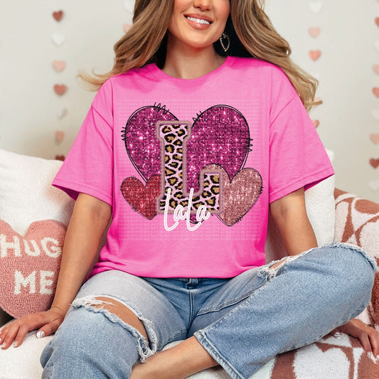 Lala Pink Leopard Valentine Hearts Faux Sequin Faux Embroidery - PNG File- Digital Download