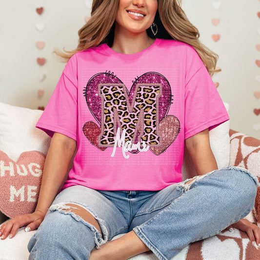 Mami Pink Leopard Valentine Hearts Faux Sequin Faux Embroidery - PNG File- Digital Download