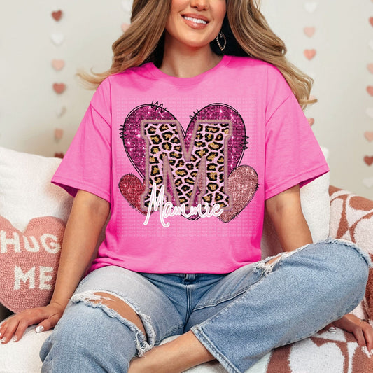 Mammie Pink Leopard Valentine Hearts Faux Sequin Faux Embroidery - PNG File- Digital Download
