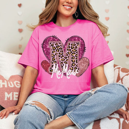 Memaw Pink Leopard Valentine Hearts Faux Sequin Faux Embroidery - PNG File- Digital Download