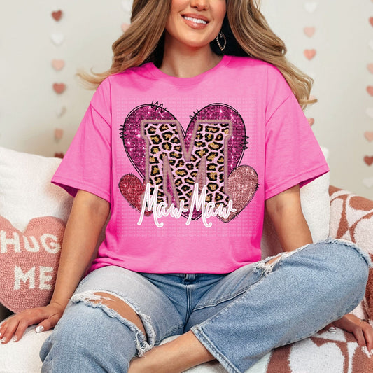 Maw Maw Pink Leopard Valentine Hearts Faux Sequin Faux Embroidery - PNG File- Digital Download