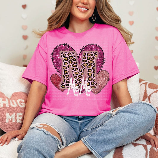 Meme Pink Leopard Valentine Hearts Faux Sequin Faux Embroidery - PNG File- Digital Download