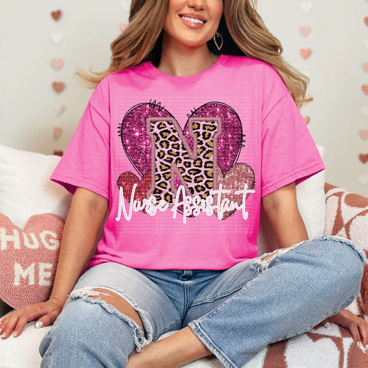 Nurse Assistant Pink Leopard Valentine Hearts Faux Sequin Faux Embroidery - PNG File- Digital Download