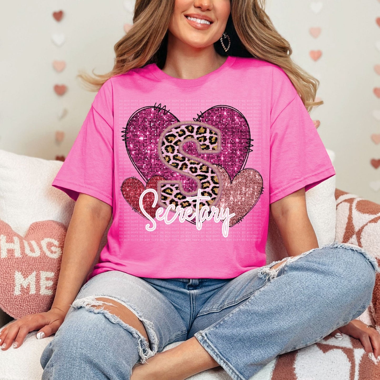 Secretary Pink Leopard Valentine Hearts Faux Sequin Faux Embroidery - PNG File- Digital Download