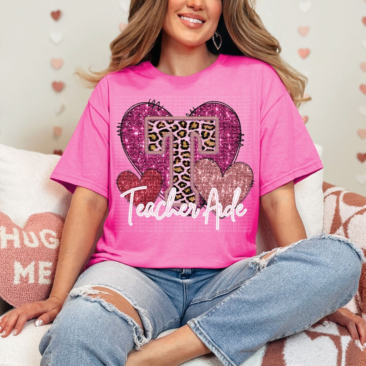 Teacher Aide Pink Leopard Valentine Hearts Faux Sequin Faux Embroidery - PNG File- Digital Download