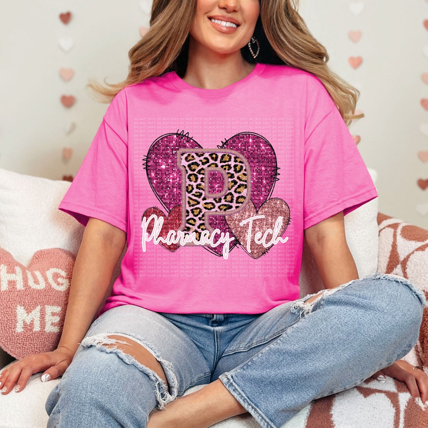 Pharmacy Tech Pink Leopard Valentine Hearts Faux Sequin Faux Embroidery - PNG File- Digital Download