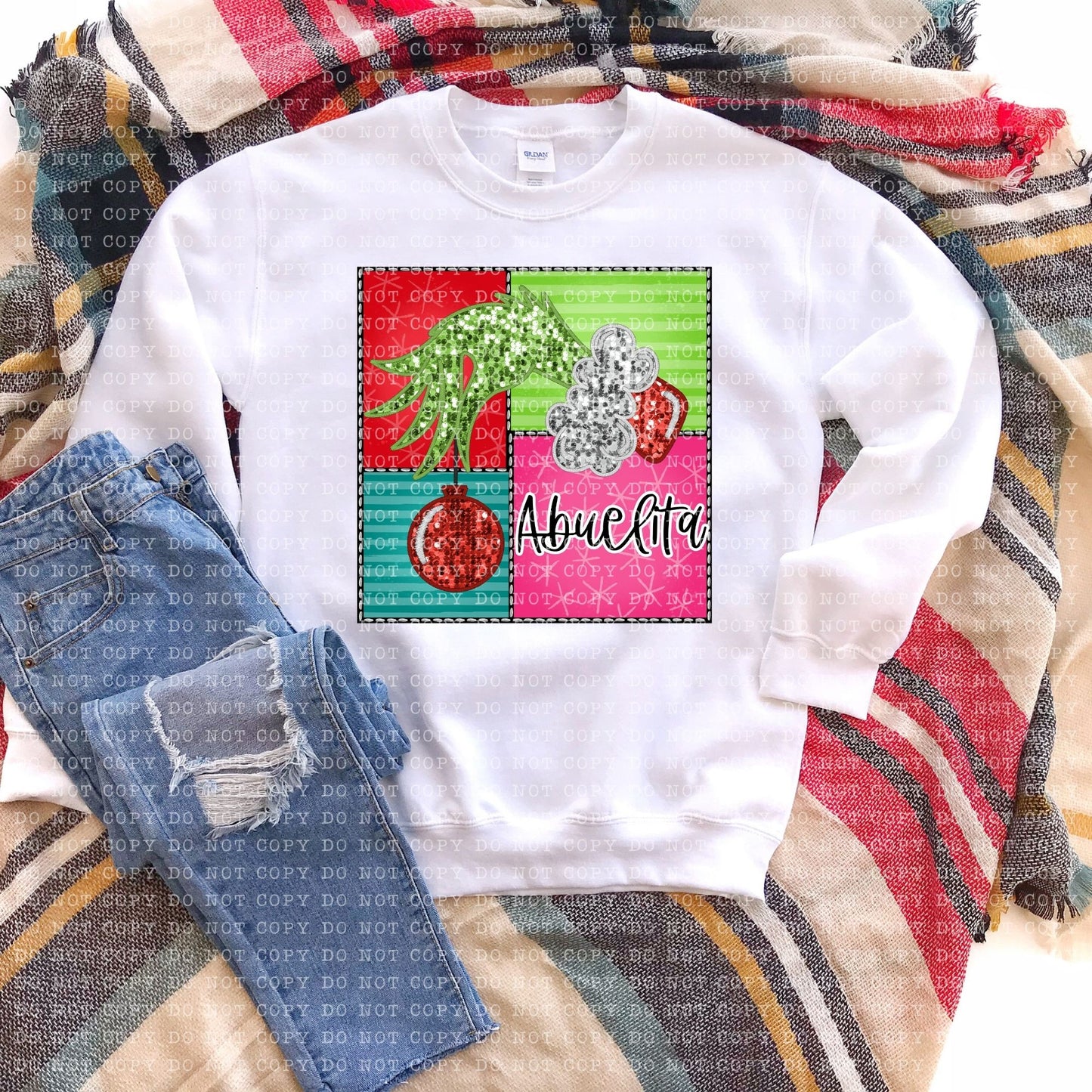 Abuelita Green Christmas Square Faux Sequin Faux Embroidery - PNG File- Digital Download