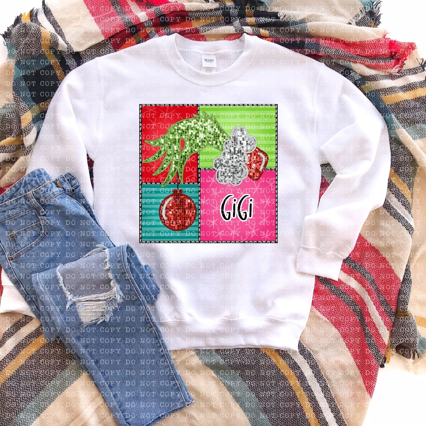 Gigi Green Christmas Square Faux Sequin Faux Embroidery - PNG File- Digital Download