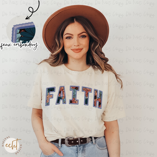 Blue Floral Faith Faux Embroidery PNG Digital Download