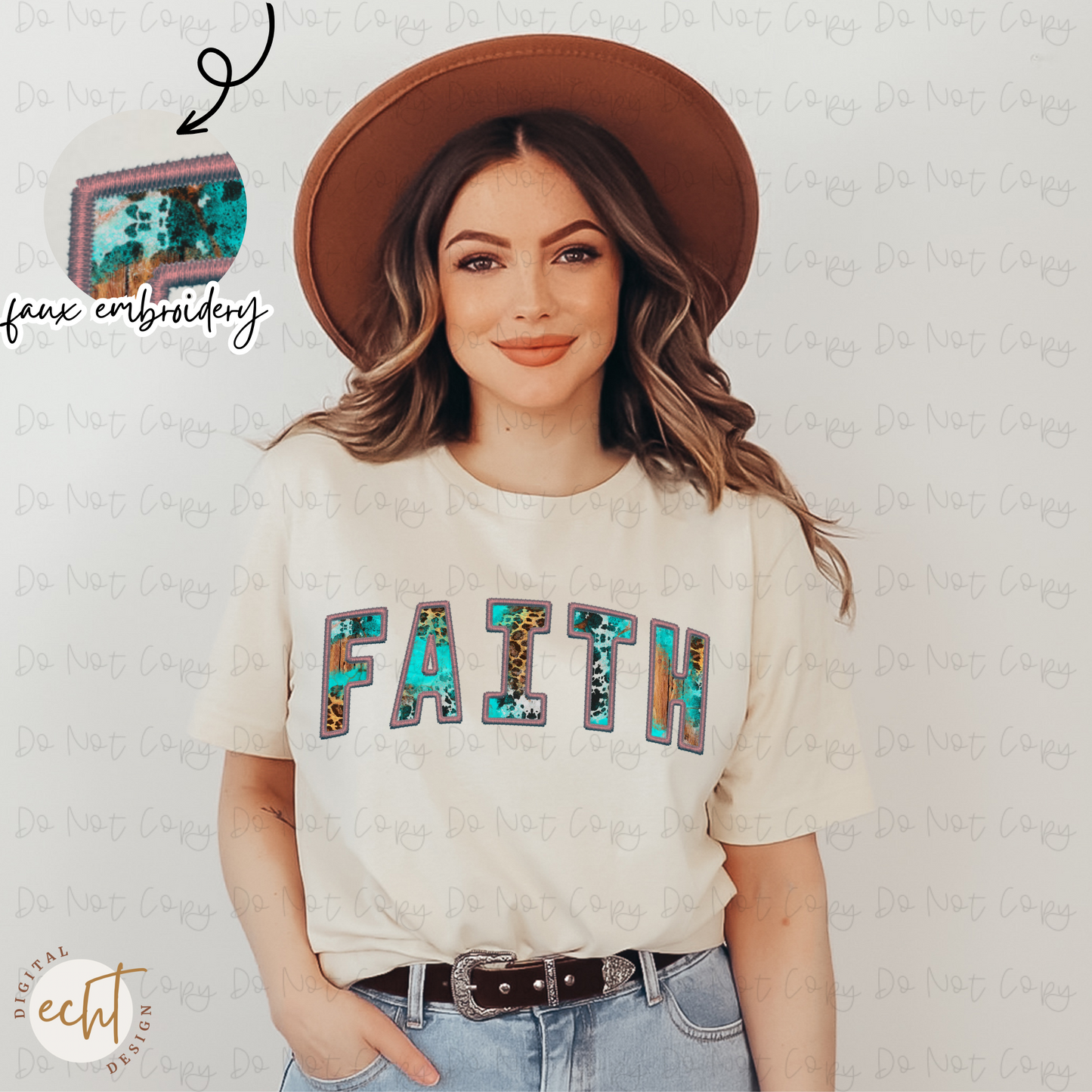 Cowhide Faith Faux Embroidery PNG Digital Download
