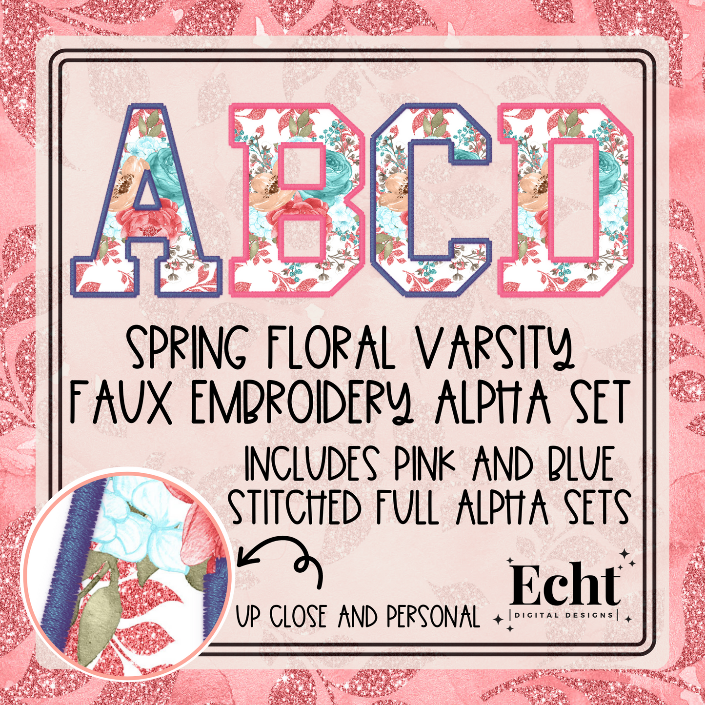 Spring Floral Varsity Faux Embroidery Alpha Set- Design Element- Digital Download