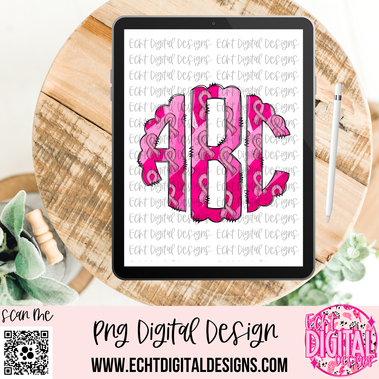 Breast Cancer Round Doodle Monogram Set PNG Digital Download