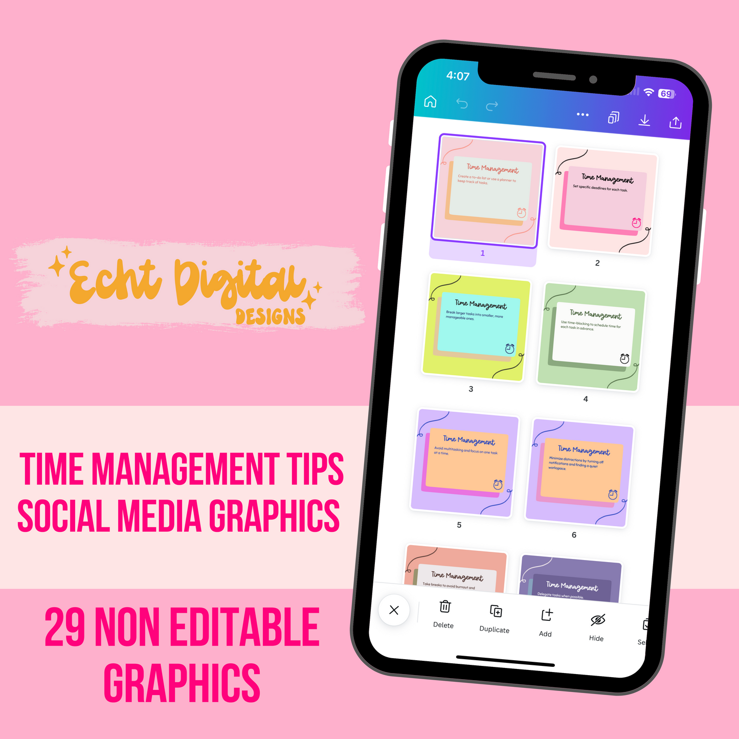 Time Management Tips NON EDITABLE Social Media Graphics Set