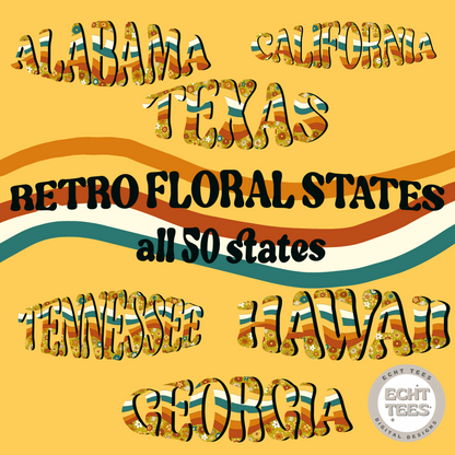 Retro Floral States Bundle PNG Digital Download