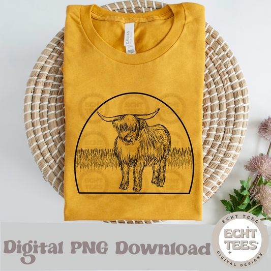 Highland cow in field PNG Digital Download